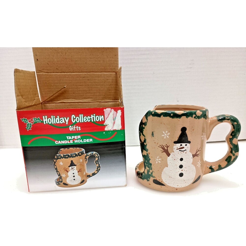 Green Spongeware Cutaway Ceramic Mug-Handled Votive Candle Holder with Snowman
